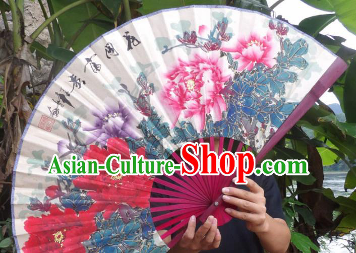 Chinese Traditional Decoration Crafts Red Frame Folding Fans Hand Painting Peony Flowers Paper Fans