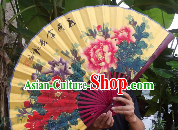 Chinese Traditional Fans Decoration Crafts Ink Painting Wealth Peony Folding Fans Yellow Paper Fans