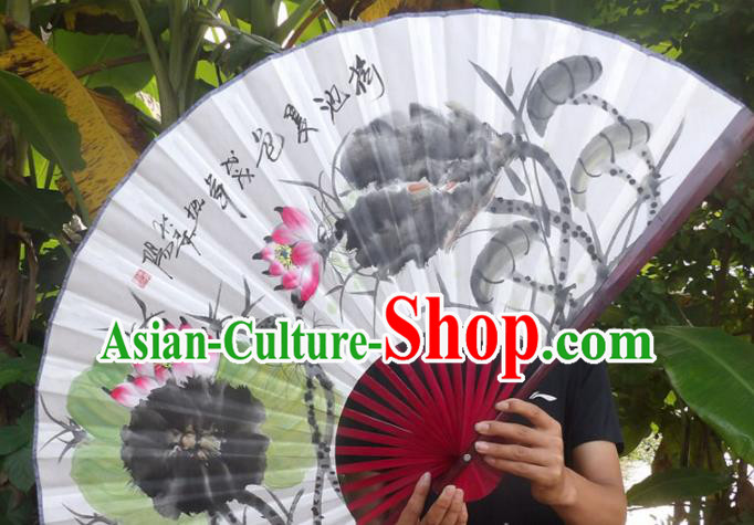 Chinese Traditional Fans Decoration Crafts Ink Painting Lotus Leaf Folding Fans Paper Fans