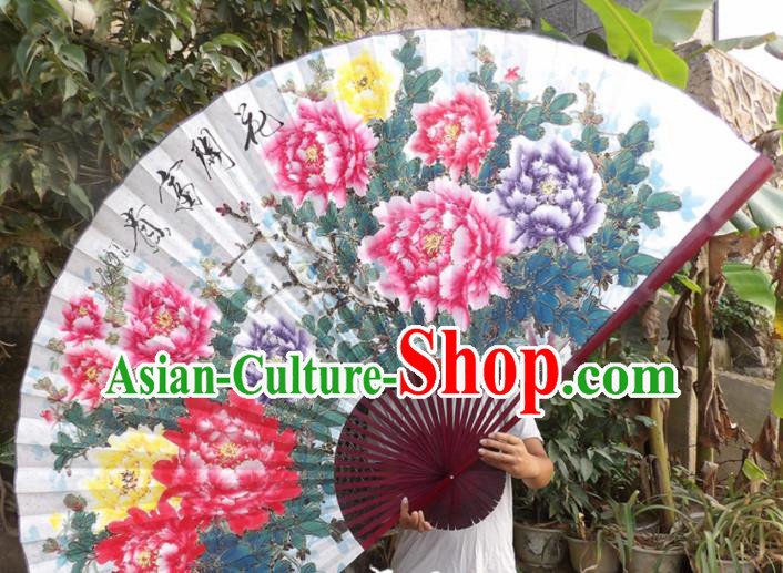 Chinese Traditional Fans Decoration Crafts Red Frame Hand Painting Peony Folding Fans Paper Fans