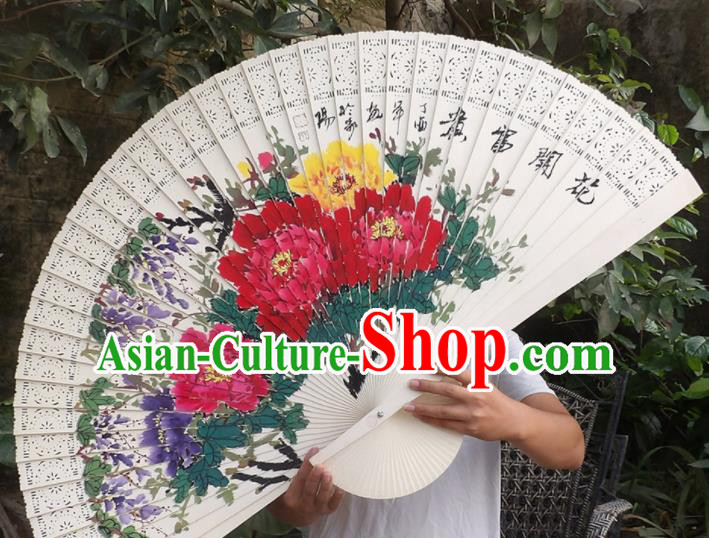 Chinese Traditional Fans Decoration Crafts Hand Painting Peony Flowers Folding Fans Wood Fans