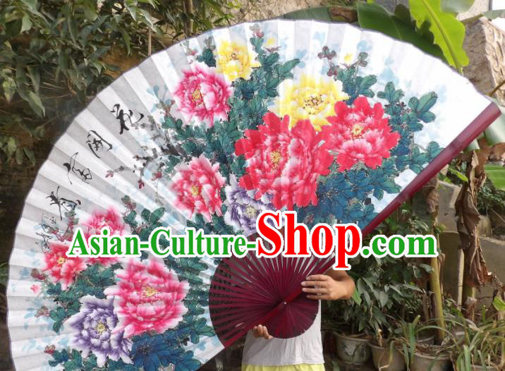 Chinese Traditional Fans Decoration Crafts Red Frame Hand Painting Peony Flowers Folding Fans Paper Fans