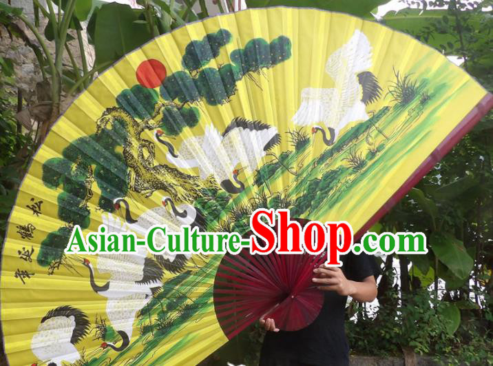 Chinese Traditional Fans Decoration Crafts Red Frame Painting Cranes Folding Fans Yellow Paper Fans