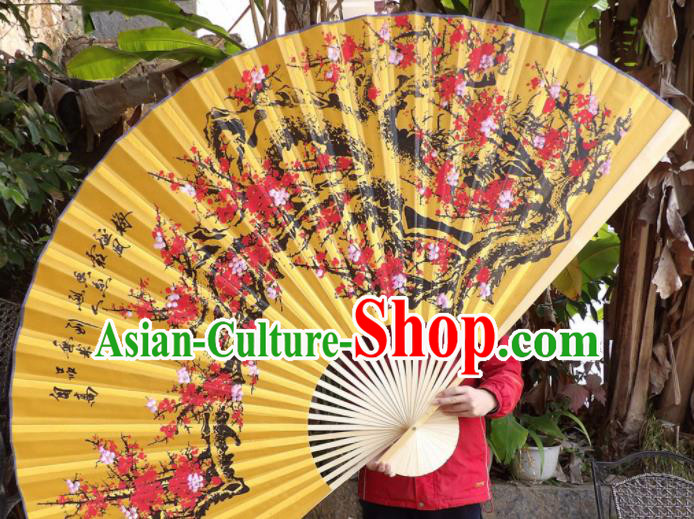 Chinese Traditional Fans Decoration Crafts Painting Plum Blossom Wood Frame Folding Fans Yellow Silk Fans