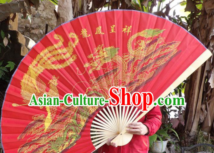 Chinese Traditional Fans Decoration Crafts Painting Dragon Phoenix Wood Frame Folding Fans Red Silk Fans