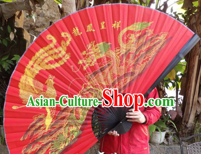 Chinese Traditional Fans Decoration Crafts Painting Dragon Phoenix Black Frame Folding Fans Red Silk Fans