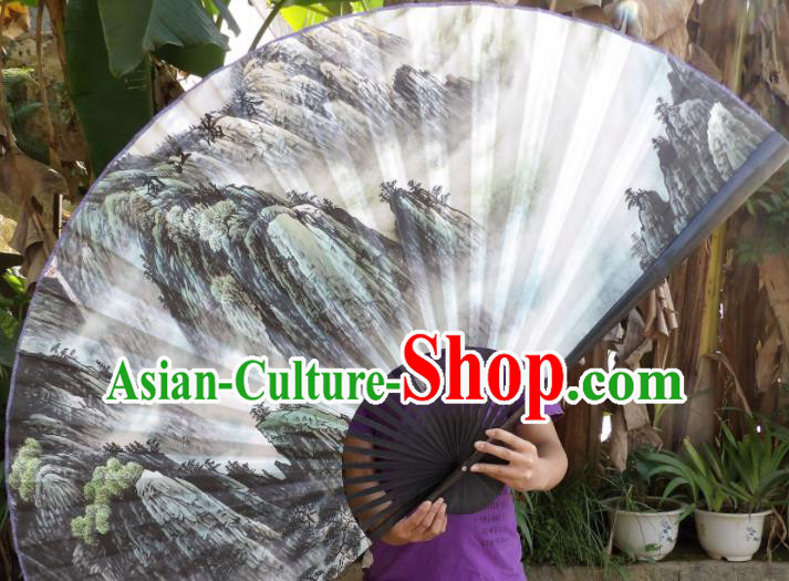 Chinese Traditional Paper Fans Decoration Crafts Landscape Painting Black Frame Folding Fans