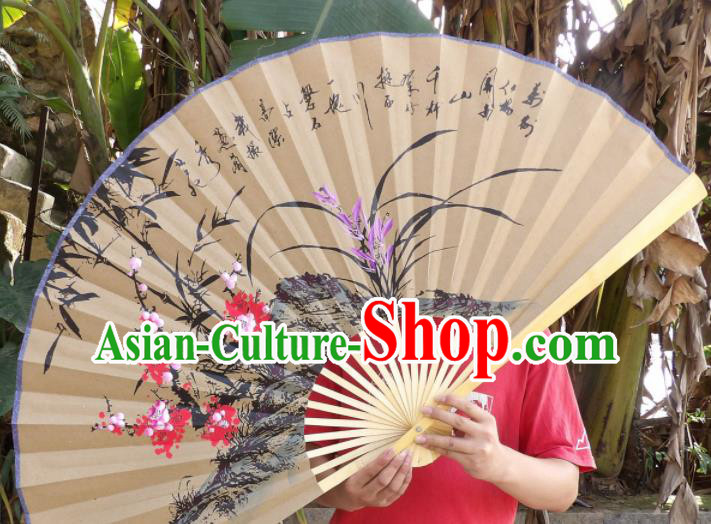 Chinese Traditional Handmade Paper Fans Decoration Crafts Ink Painting Plum Blossom Orchid Bamboo Wood Frame Folding Fans