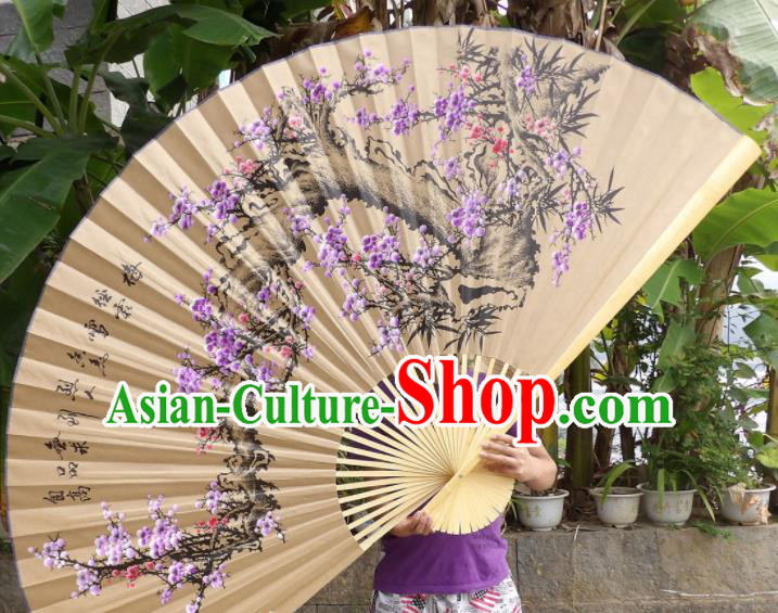 Chinese Traditional Handmade Paper Fans Decoration Crafts Ink Painting Purple Plum Blossom Wood Frame Folding Fans