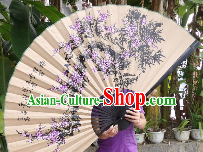 Chinese Traditional Handmade Paper Fans Decoration Crafts Ink Painting Purple Plum Blossom Black Frame Folding Fans