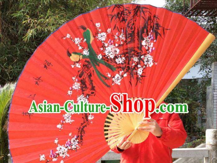 Chinese Traditional Handmade Red Silk Fans Decoration Crafts Painting Plum Blossom Wood Frame Folding Fans