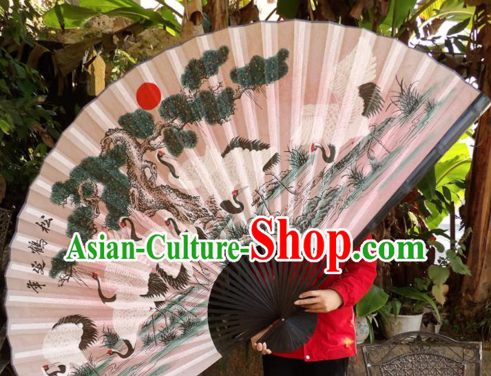 Chinese Traditional Handmade Silk Fans Decoration Crafts Ink Painting Cranes Black Frame Folding Fans