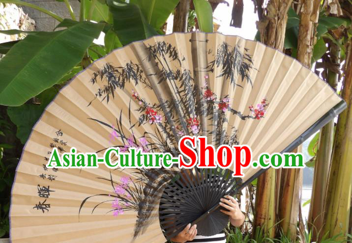 Chinese Traditional Handmade Paper Fans Decoration Crafts Ink Painting Plum Blossom Orchid Bamboo Black Frame Folding Fans