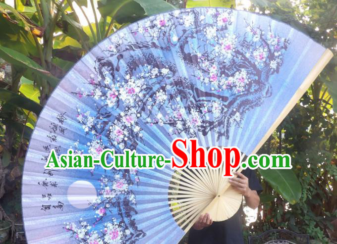 Chinese Traditional Handmade Blue Silk Fans Decoration Crafts Ink Painting Plum Blossom Wood Frame Folding Fans