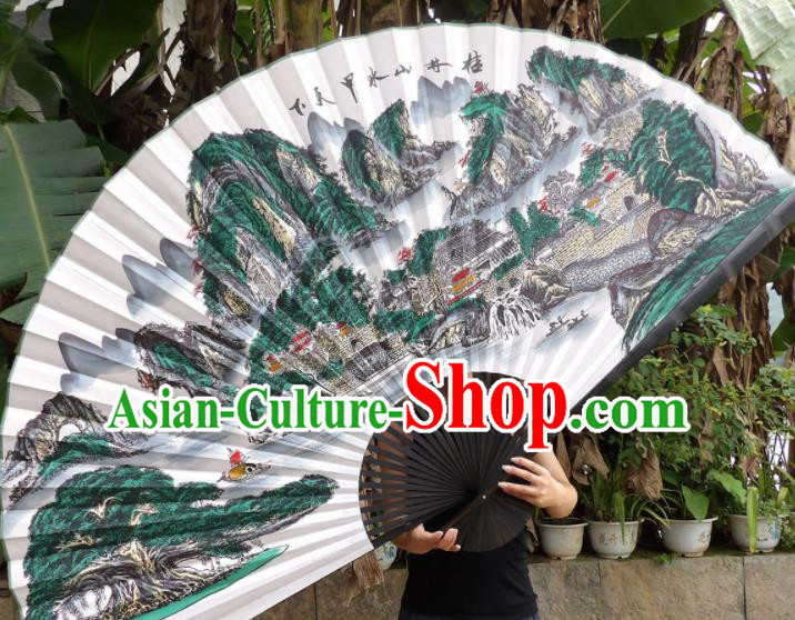 Chinese Traditional Handmade Silk Fans Decoration Crafts Ink Painting Guilin Scenery Black Frame Folding Fans