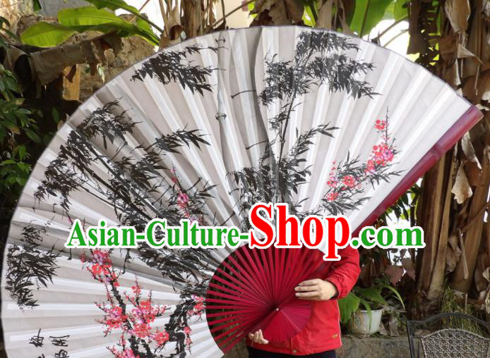 Chinese Traditional Handmade Silk Fans Decoration Crafts Ink Painting Plum Blossom Bamboo Red Frame Folding Fans