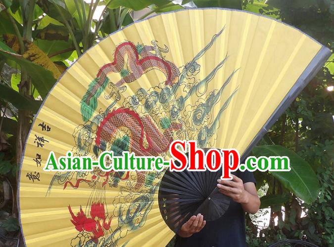 Chinese Traditional Handmade Yellow Silk Fans Decoration Crafts Ink Painting Dragon Black Frame Folding Fans