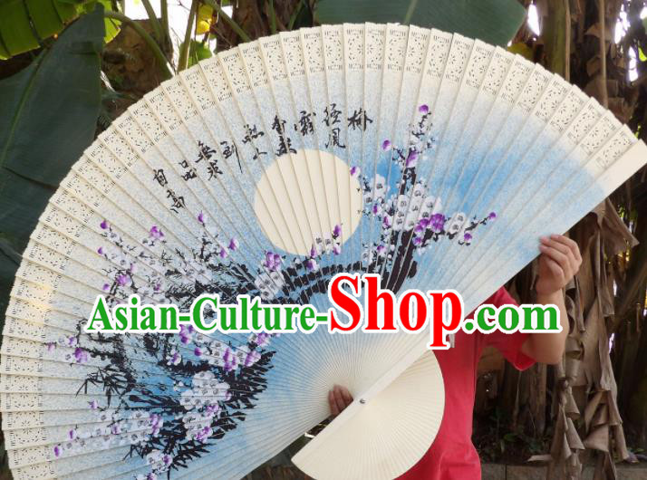 Chinese Traditional Handmade Wood Fans Decoration Crafts Ink Painting Purple Plum Blossom Folding Fans