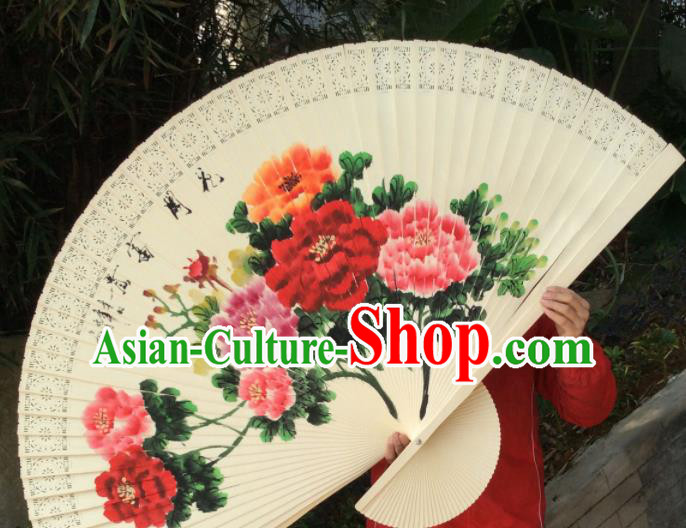 Chinese Traditional Handmade Wood Fans Decoration Crafts Ink Painting Peony Folding Fans