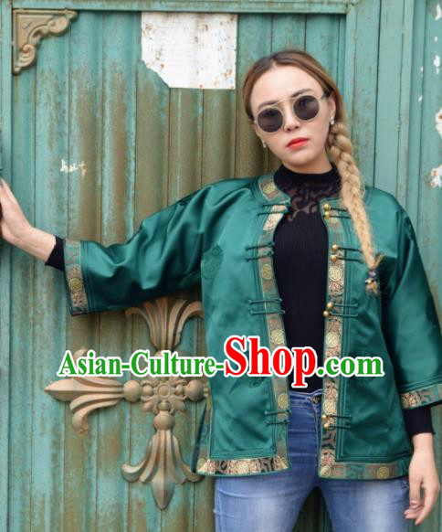 Chinese Traditional Mongol Ethnic Costume Mongolian Minority Nationality Green Brocade Blouse for Women