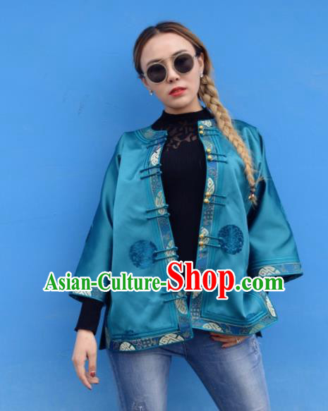 Chinese Traditional Mongol Ethnic Costume Mongolian Minority Nationality Blue Brocade Blouse for Women