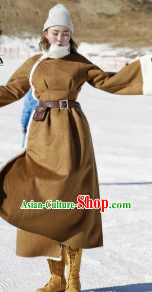 Chinese Traditional Mongol Ethnic Costume Mongolian Minority Nationality Khaki LaLambswool Coat for Women