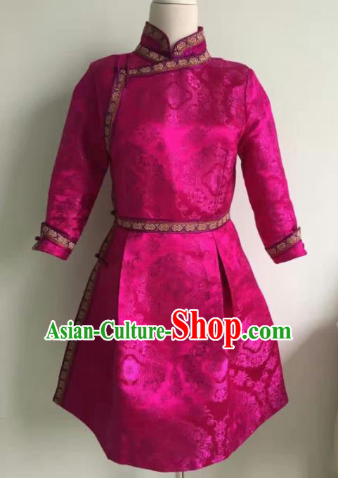 Chinese Mongol Minority Ethnic Costume Traditional Mongolian Rosy Brocade Dress for Women