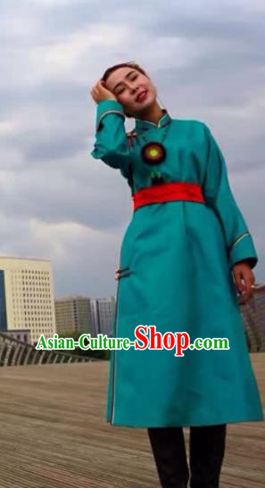 Chinese Mongol Minority Ethnic Costume Traditional Green Brocade Mongolian Robe for Women