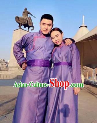 Chinese Mongol Minority Ethnic Costume Traditional Purple Brocade Mongolian Robe for Women for Men