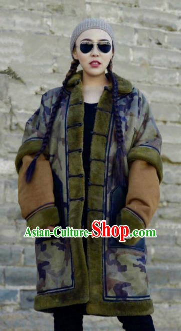 Chinese Traditional Mongol Ethnic Costume Mongolian Minority Nationality Camouflage Coat for Women