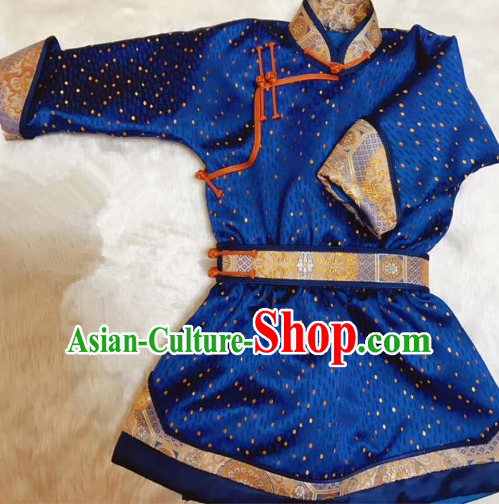 Chinese Traditional Mongol Ethnic Costume Mongolian Minority Nationality Blue Robe for Kids