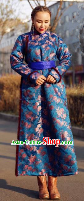 Chinese Traditional Mongol Ethnic Female Costume Mongolian Minority Nationality Royalblue Robe for Women