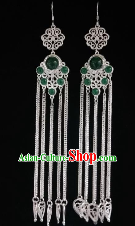 Chinese Ethnic Jewelry Accessories Mongolian Minority Nationality Long Green Earrings for Women