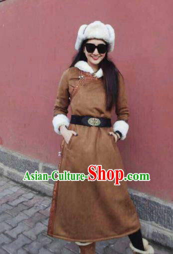 Chinese Traditional Mongol Minority Ethnic Costume Brown Suede Fabric Mongolian Dust Coat for Women