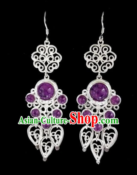 Chinese Ethnic Jewelry Accessories Mongolian Minority Nationality Purple Beads Earrings for Women