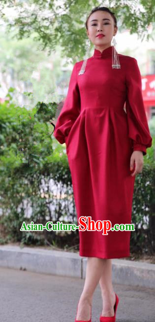 Chinese Traditional Mongol Minority Ethnic Costume Mongolian Red Qipao Dress for Women