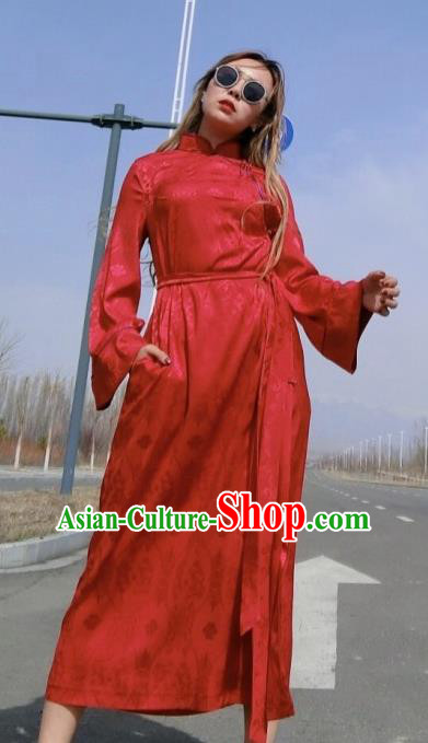 Chinese Traditional Mongol Ethnic Costume Mongolian Minority Nationality Red Robe for Women