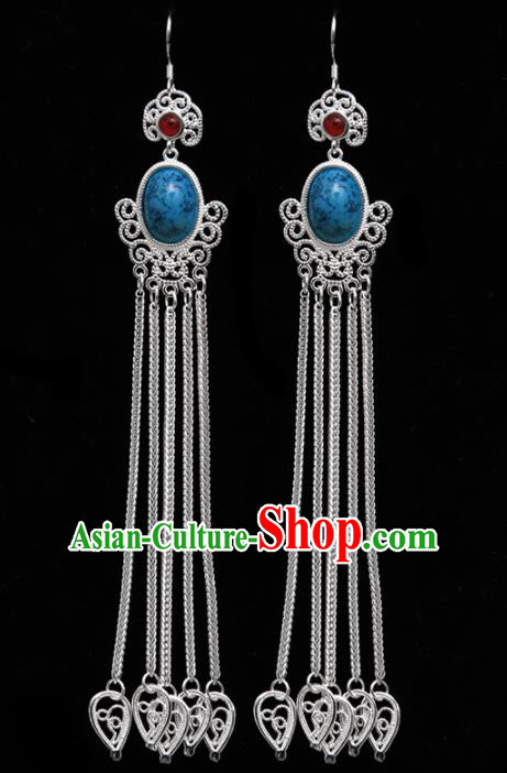 Chinese Ethnic Jewelry Accessories Mongolian Minority Long Tassel Blue Earrings for Women