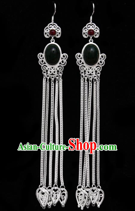 Chinese Ethnic Jewelry Accessories Mongolian Minority Long Tassel Black Earrings for Women