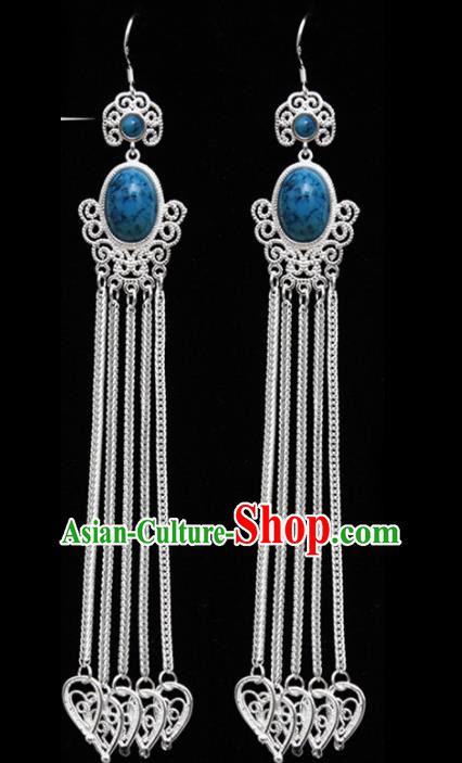 Chinese Ethnic Jewelry Accessories Mongolian Minority Long Tassel Sliver Earrings for Women