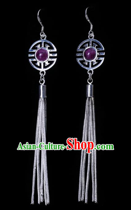 Chinese Traditional Ethnic Jewelry Accessories Eardrop Mongolian Purple Beads Earrings for Women