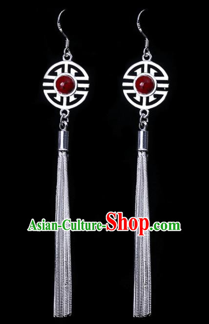 Chinese Traditional Ethnic Jewelry Accessories Eardrop Mongolian Red Beads Earrings for Women