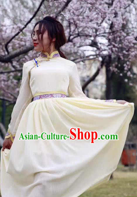 Chinese Mongol Minority Ethnic Costume Traditional Mongolian White Dress for Women