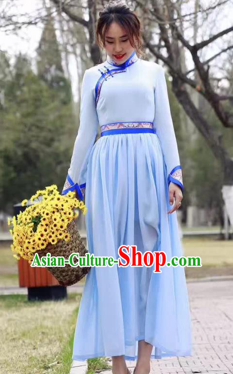 Chinese Mongol Minority Ethnic Costume Traditional Mongolian Blue Dress for Women