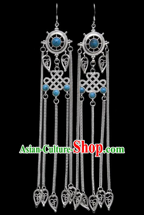Chinese Traditional Ethnic Jewelry Accessories Mongolian Blue Gems Earrings for Women