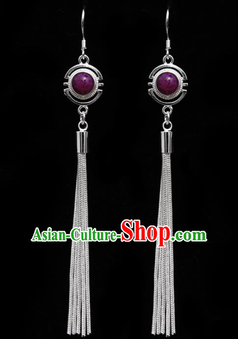 Chinese Traditional Ethnic Tassel Eardrop Jewelry Accessories Mongolian Purple Earrings for Women