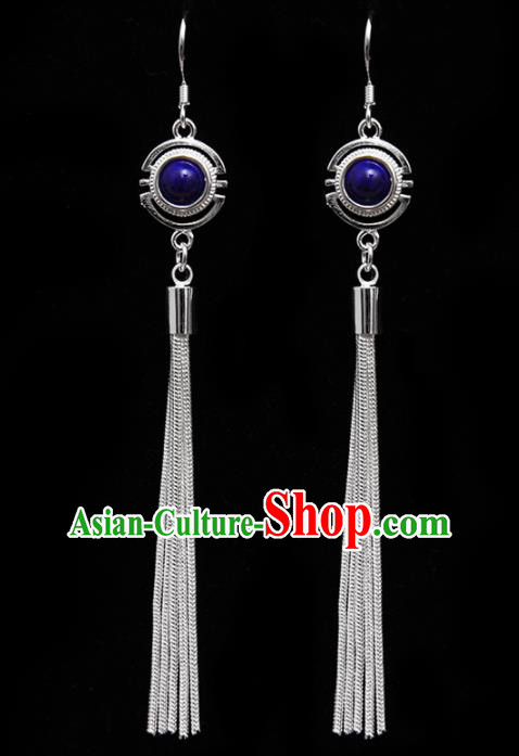 Chinese Traditional Ethnic Tassel Eardrop Jewelry Accessories Mongolian Royalblue Earrings for Women