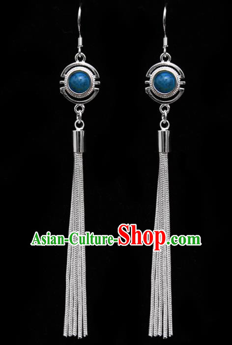 Chinese Traditional Ethnic Tassel Eardrop Jewelry Accessories Mongolian Blue Earrings for Women