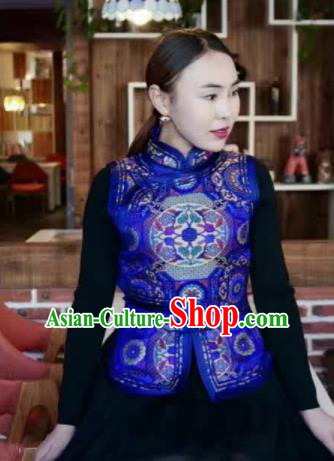 Chinese Mongol Minority Ethnic Costume Traditional Royalblue Brocade Mongolian Vest for Women