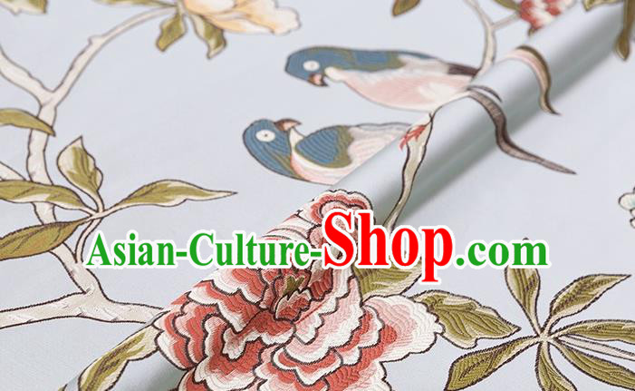 Asian Chinese Blue Brocade Fabric Traditional Flowers Birds Pattern Design Satin Cushion Silk Fabric Material